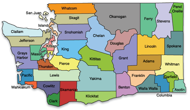 Full color State of Washington county maps, list of cities towns and county 